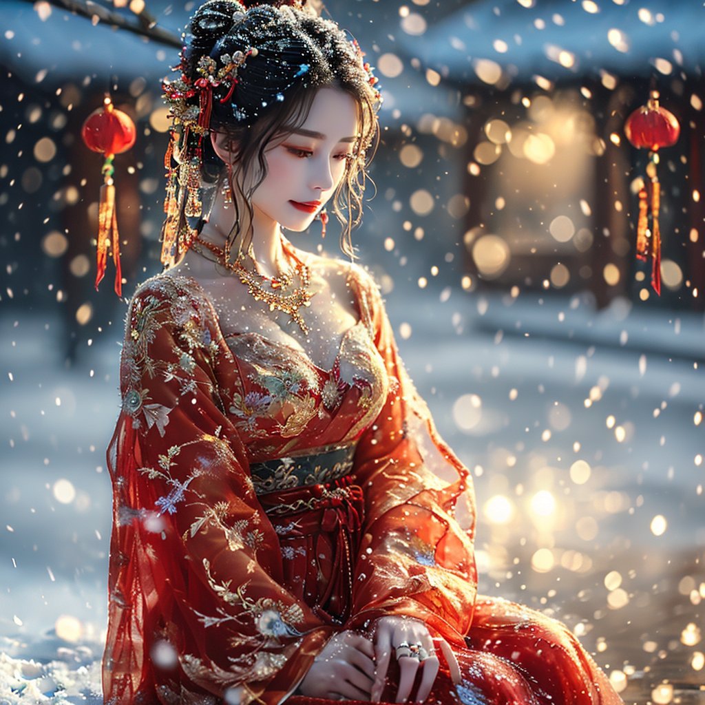 AncheReddressgirl, 1girl, jewelry, solo, necklace, hanfu, chinese clothes, hair ornament, black hair, snow, sitting, snowing, dress, blurry, blurry background, long sleeves, ring, red dress, realistic