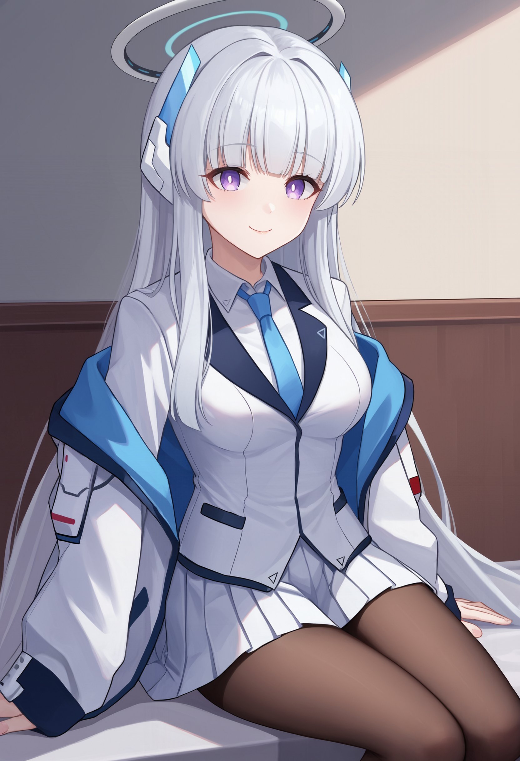 zPDXL, source_anime, BREAKushio noa, white hair, long hair, medium breasts, halo, headphones, pantyhose,school uniform, open jacket, light smile, closed mouth,sitting, indoors,  <lora:noa2-ponyxl-kohya-000008:0.8>  