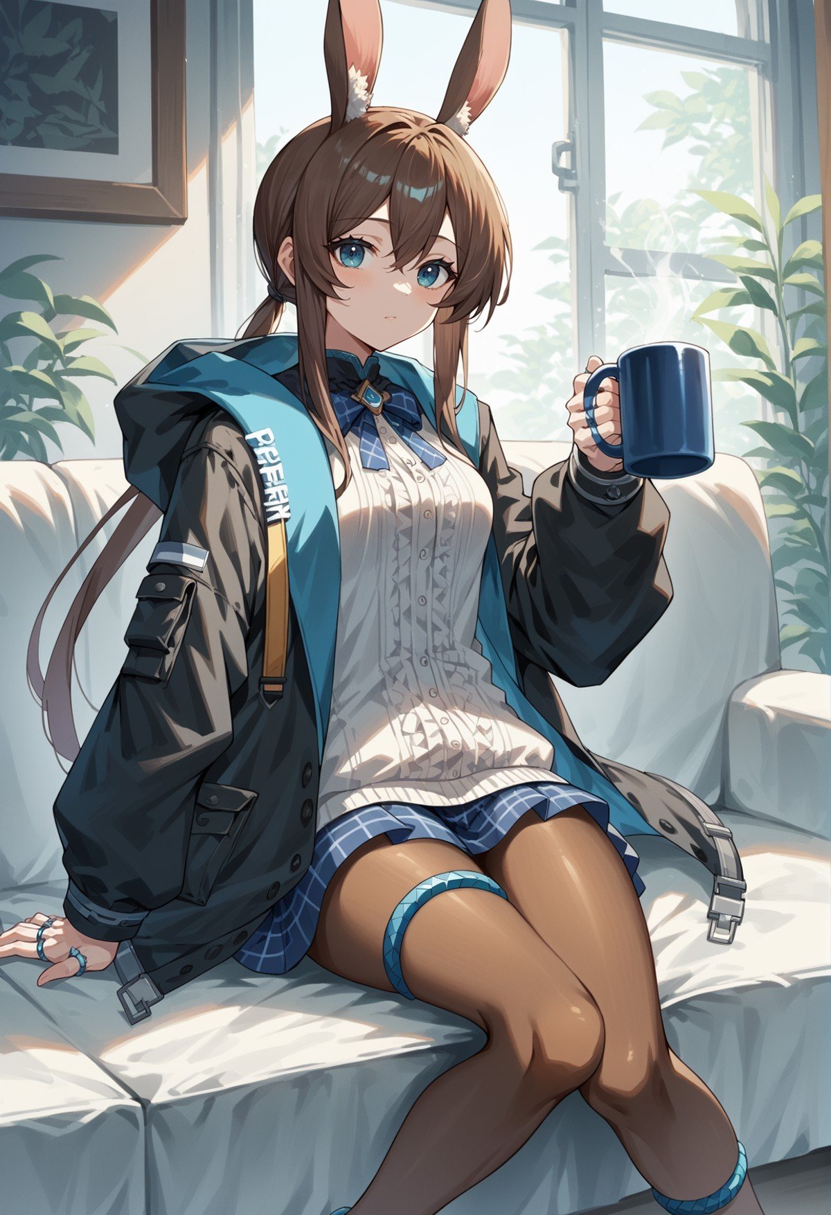 1girl, solo, brown hair, long hair, sidelocks, low ponytail, blue eyes, rabbit ears, blouse, black hooded jacket, ring, blue checkered skirt, brown, pantyhose, Thigh Strap, anklet, indoors, sitting, holding mug, looking at viewer <lora:Amiya_XL:1>, score_9, score_8_up, score_7_up, score_6_up, score_5_up, score_4_up, BREAK source_anime, masterpiece