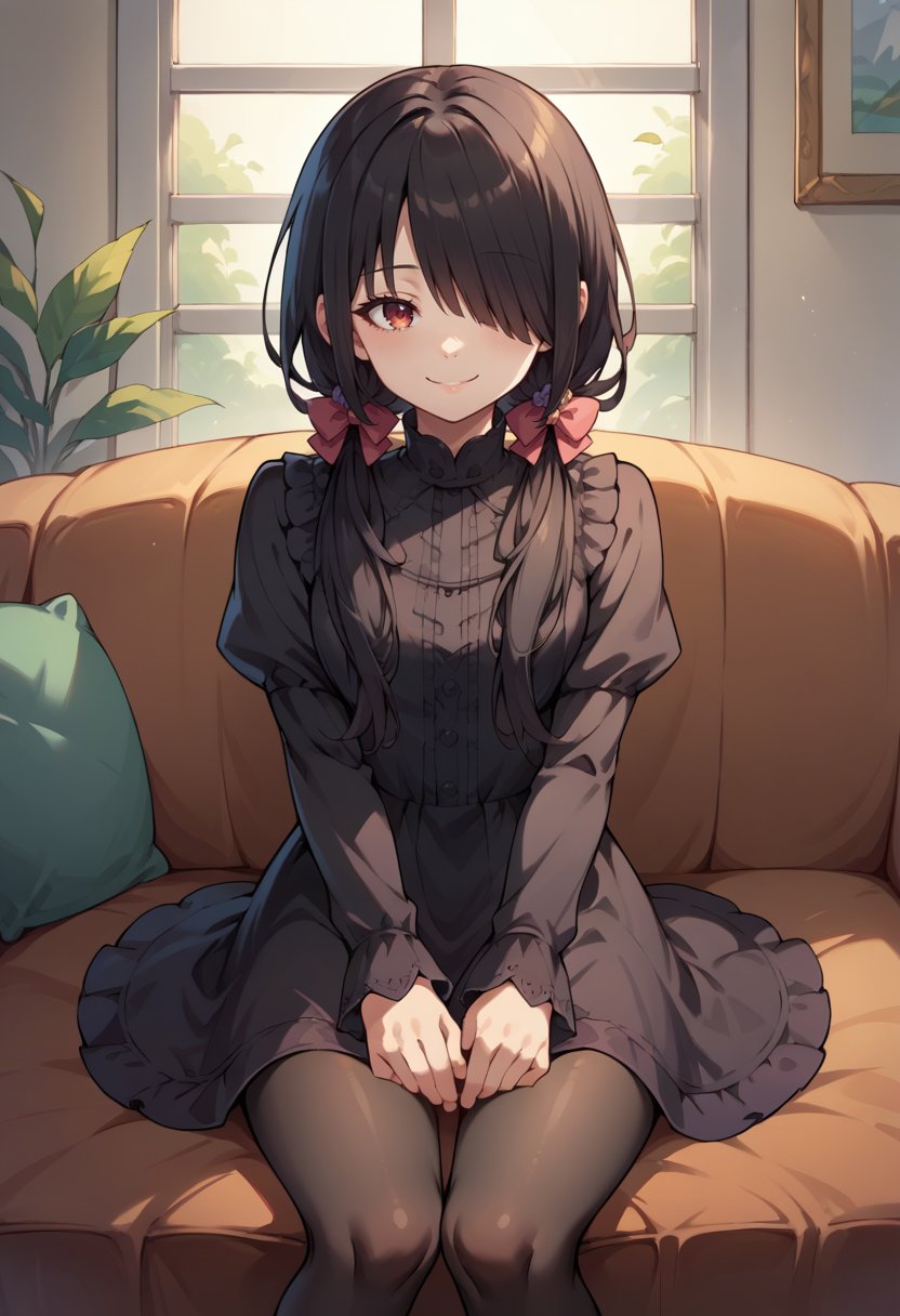 score_9, score_8_up, score_7_up, source_anime, KurumiBlack, hair over one eye, black hair, low twintails, hair bow, black dress, long sleeves, black pantyhose, sitting, indoors, couch, smile, <lora:ChamTokisakiKurumiPDXL:1>