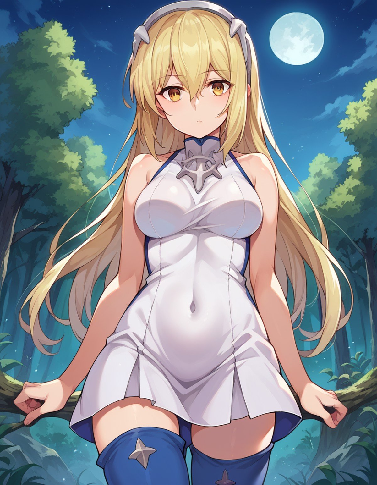 score_9, score_8_up, score_7_up, source_anime,aizwallenstein, <lora:aiz-wallenstein-ponyxl-lora-nochekaiser:1>,aiz wallenstein, blonde hair, hair between eyes, hairband, long hair, yellow eyes, sidelocks,blue thighhighs, covered navel, dress, multicolored clothes, multicolored dress, taut clothes, taut dress, thighhighs,outdoors, forest, nature, night, moon,looking at viewer, dutch angle, cowboy shot,