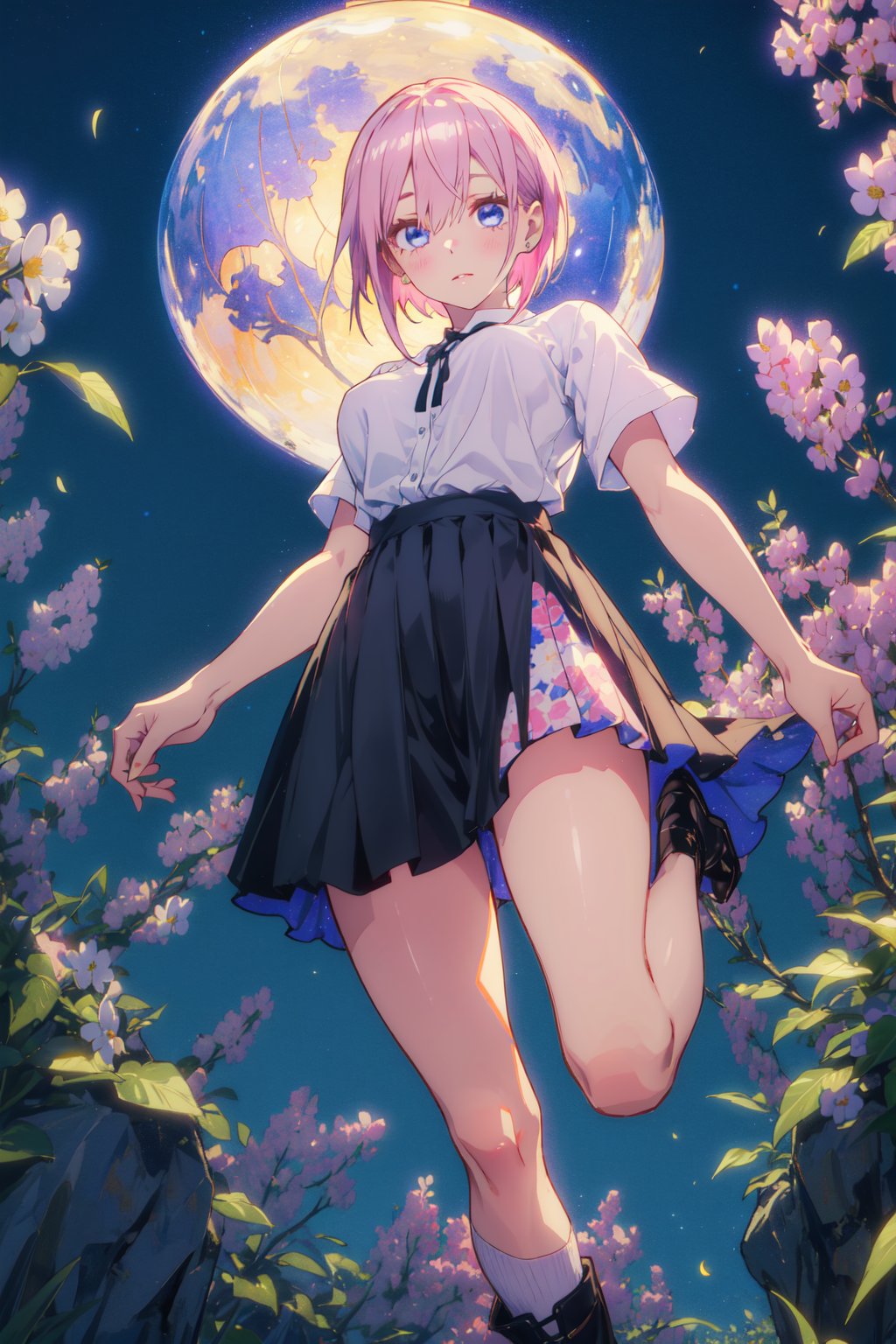 1girl,looking at viewer,solo,short hair,bangs,hair between eyes,pink hair,blue eyes,<lora:Ichika (3):0.8>,Ichika_CYQL,(shy,jumping,panorama,from_below:1.1),Ruffled frilled shirt half-tucked into a high-waisted midi skirt with ankle boots,beautiful face,beautiful eyes,glossy skin,shiny skin,Landscape, Lunar, Moon, Craters, Rocks, Silence, Serenity, Mystery,Lavender rows, Purple blooms, Summer sunshine, Fragrant air, Lavender harvest, English countryside,beautiful detailed sky,beautiful detailed glow,masterpiece,best quality,beautiful and aesthetic,contrapposto,female focus,fine fabric emphasis,wallpaper,fashion,<lora:增强减少细节add_detail:0.4>,