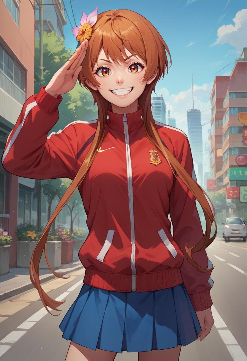 score_9, score_8_up, score_7_up, source_anime, solo, 1girl, tachibana marika, grin, looking at viewer, standing, salute, short hair with long locks, hair flower, red jacket, track jacket, long sleeves, blue skirt, outdoors, city street <lora:nisekoi_marikatachibana_ponyXL:1>