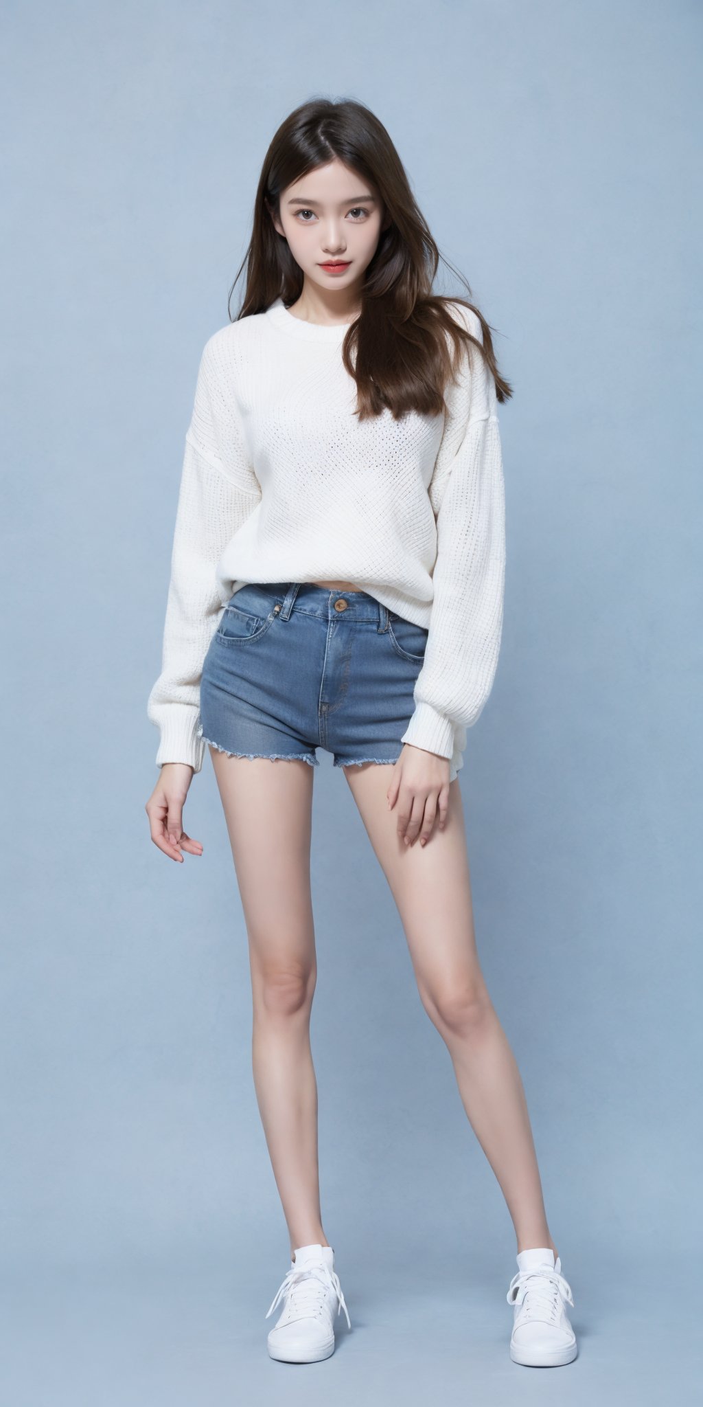 1girl,(standing:1.3),(denim_shorts:1.2),(blue background:1.3),(white sweater:1.2),white sneaker,long hair,