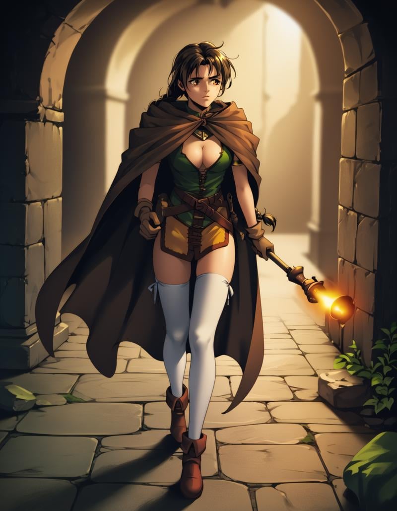 score_9, score_8_up, score_7_up, score_6_up, score_5_up, score_4_up <lora:dark-ww-ponyxl-000038:1>  drkww, braid, cape, cleavage, bare arms, gloves, white thighhighs,walking, nervous, holding torch, dungeon, dim lighting