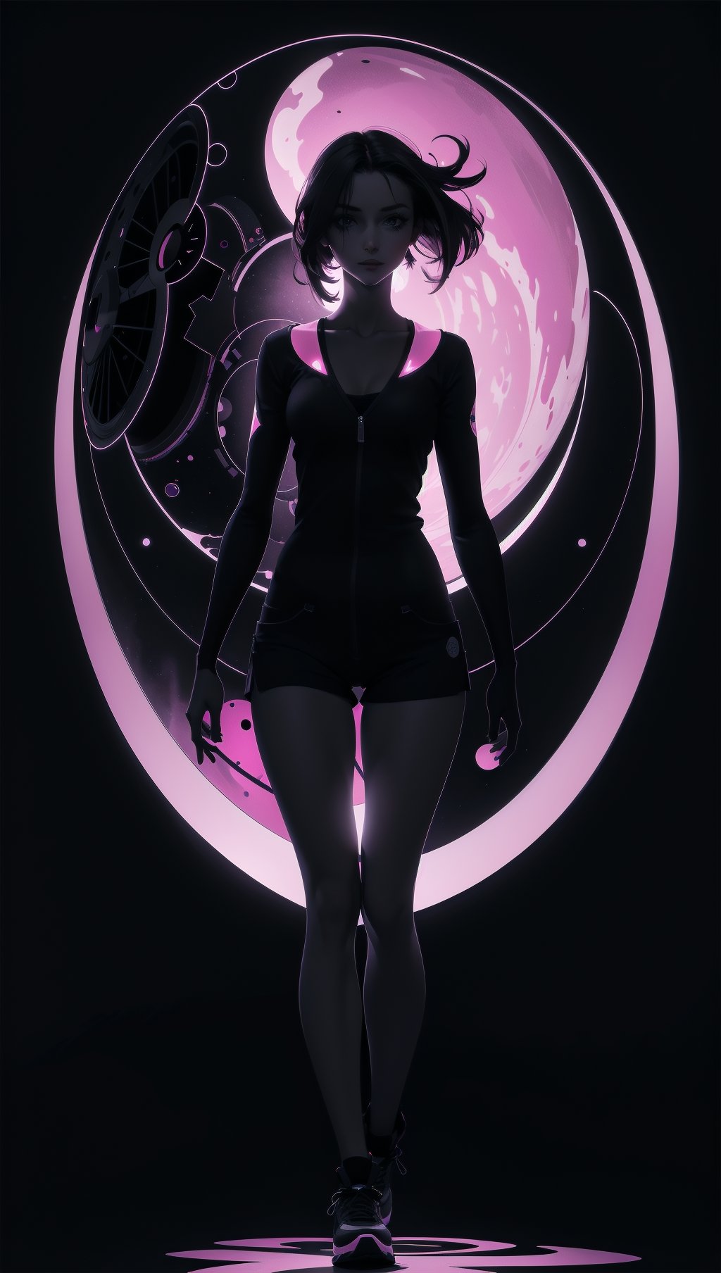 (silhouette:1.25),1girl,dark background,blacklight,mid shot,full body,somber expression,looking down,dark energy,vibrant magenta,portal to another world,flat color,flat shading,ultra realistic,highres,superb,8k wallpaper,extremely detailed,intricate,limited palette,pink,