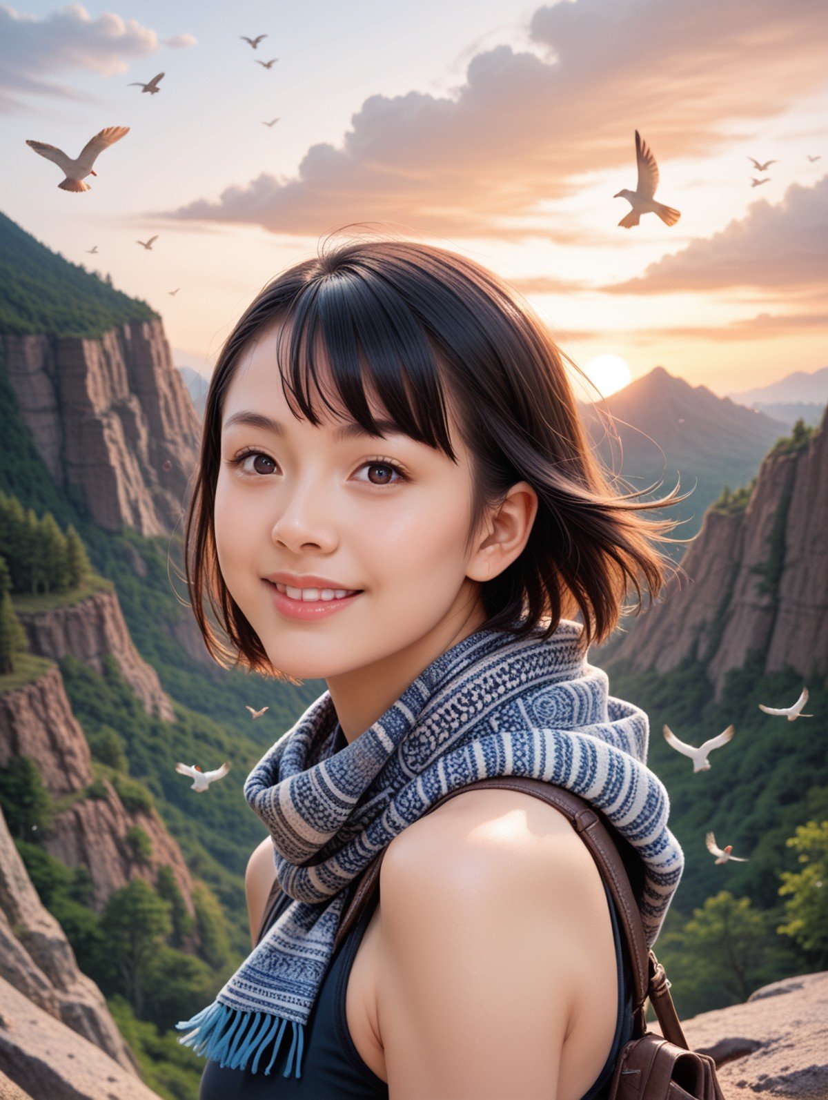 score_9, score_8_up, score_7_up,1girl,  cinematic lighting, (character focus),sunset, cloudy sky, flying birds, nature 1girl, black hair,  depth of field, lips, looking at viewer, outdoors, rocky mountain. canyon,  short hair, smile, asymmetrical bangs, from side, fingerless gloves, scarf,