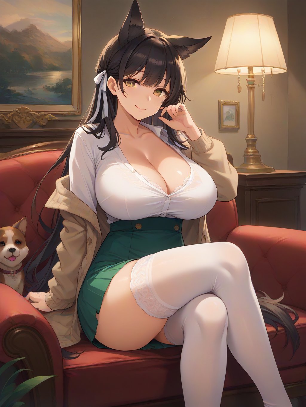 score_9, score_8_up, score_7_up,source_anime,BREAK,1girl, atago, azur_lane, animal_ears, black_hair, black_thighhighs, breasts, dog_ears, extra_ears, yellow_eyes, sitting, crossed_legs, adjusting_hair, smile, closed_mouth, (mature female:1.2), tall female, huge breasts, curvy, collarbone, beautiful face, highly detailed faces and eyes, shiny skin, shiny, large_breasts, long_hair, ribbon, skindentation, smile, swept_bangs, thighhighs, white_ribbon, mole_under_eye, skirt, green_skirt, (long_skirt:1.2), blouse, white_blouse, cardigan, brown_cardigan, indoors, living_room, couch, evening, lamp,