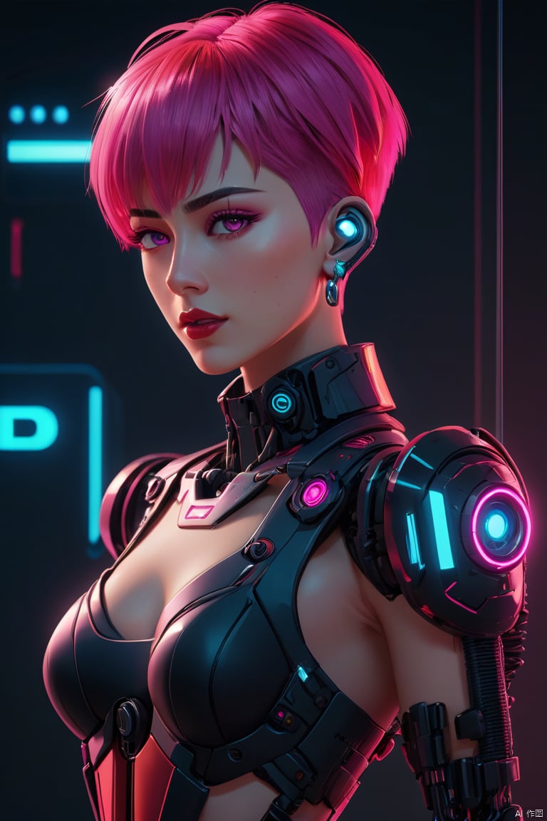 Anime Artwork Lucy (Cyberpunk),  Pink Short Hair,  Pink Eyes,  Red Lips,  (Front),  (Full Body),  Bodysuit,  Punk Stud Earrings,  Bossy,  Brave,  Key Visual,  Vibrant,  High Detail,  Illustration,  Short Straight Hair,  Futurism,  NFT Art,  Solid Color Background,  Robotic Arm,  Cartoon Coloring,  Tendal Effect. Non-Realistic Rendering Transparency,  Color Tilt,  Animation,  Blender Geometry Art,  Intrlligence 4k Image,  Epic,  Cinematic Effects,  Neon Cold Pounding,  Octane Rendering,  OC,  8k