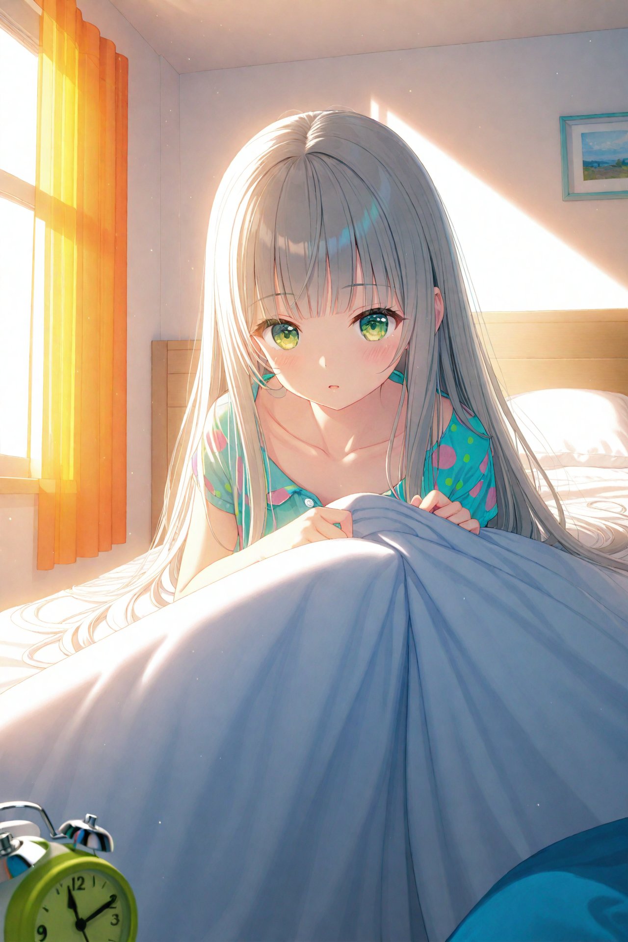 (masterpiece),(best quality),illustration,ultra detailed,hdr,Depth of field,(colorful),loli,1girl,clock,solo,alarm clock,under covers,green eyes,bed,long hair,pillow,indoors,sunlight,curtains,pajamas,grey hair,blanket,window,collarbone,bangs,