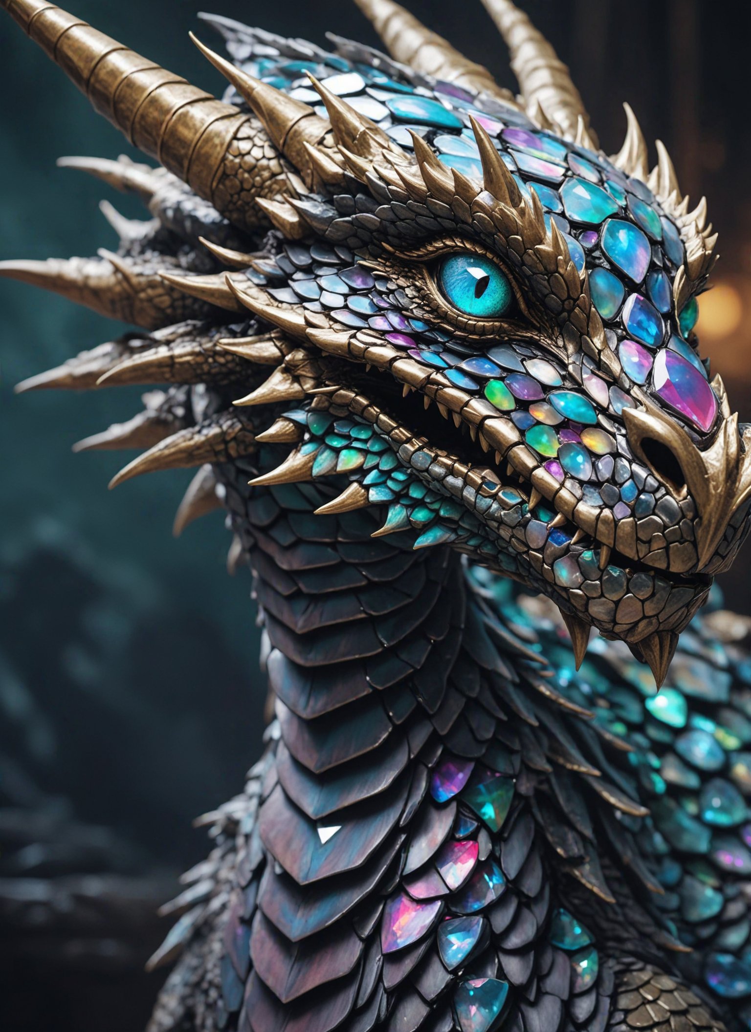 A beautiful portrait photograph of a dragon with diamond and gemstone scales, opal eyes, cinematic, gem, diamond, crystal, fantasy art, hyperdetailed photograph, shiny scales, 8k resolution