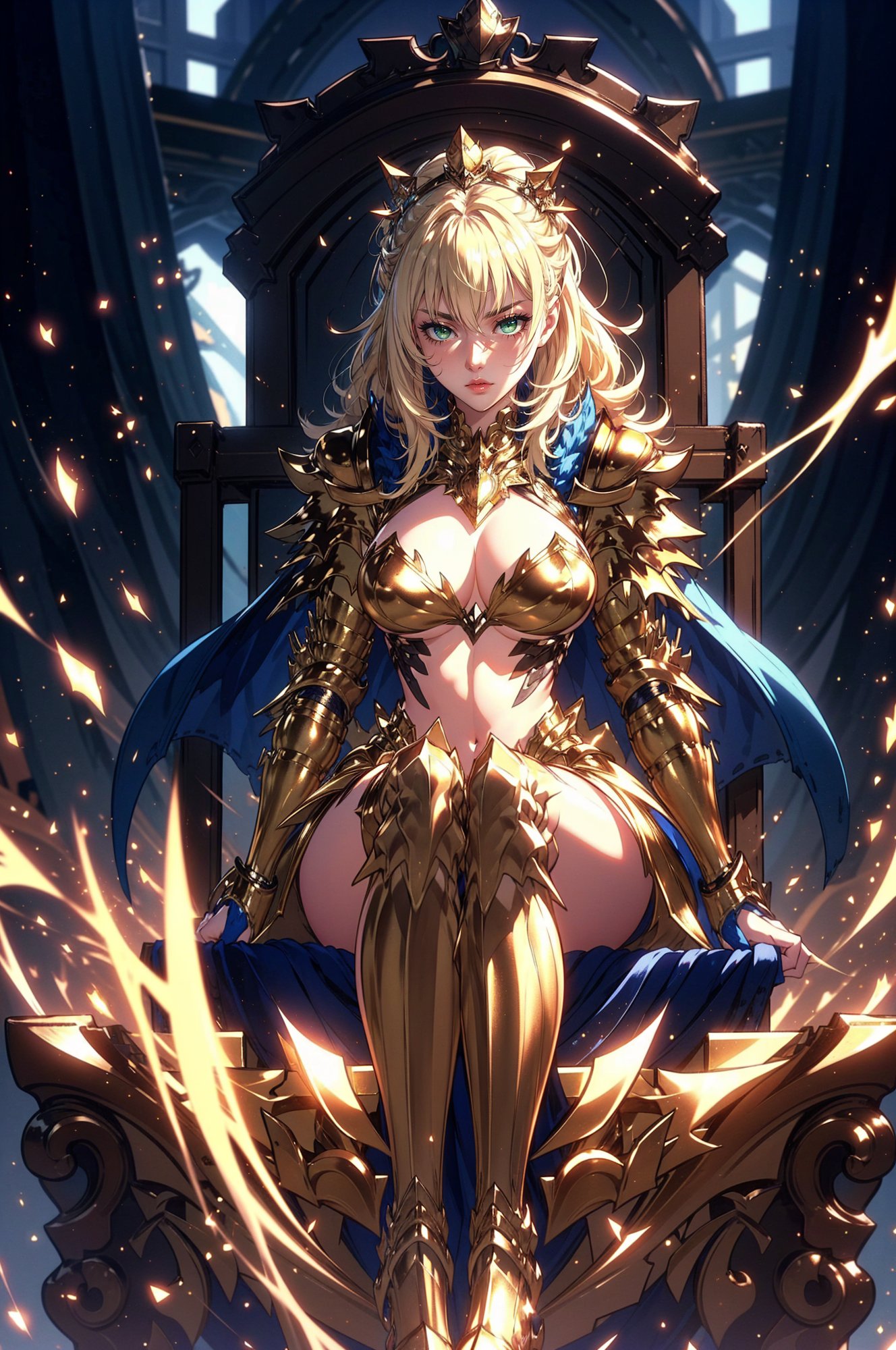 (spread legs), stunning woman wearing LAColdFury, <lora:LAColdFury:0.8>, (blonde hair:1.2),(long hair, hair over shoulder, hair blown by wind), garter strap, blue cape, gold armor, (gold boots), (high heel boots), (Masterpiece:1.2), best quality, (illustration:1.2), (ultra-detailed), hyper details, (delicate detailed), (intricate details), (cinematic light, best quality Backlights), (throne room, large window, curtains, banners), solo female, perfect body, (1girl), (emperor),(crown:1.1), (sitting on Throne:1.3), ( shy:1.2), ((makeup)), high contrast, (best illumination, an extremely delicate and beautiful), ((cinematic light)), beautiful green eyes,  <lora:DTbm_20230901232236:0.5> fire,floating,flame,magic,glowing <lora:magic_particles:0.5> magic particles
