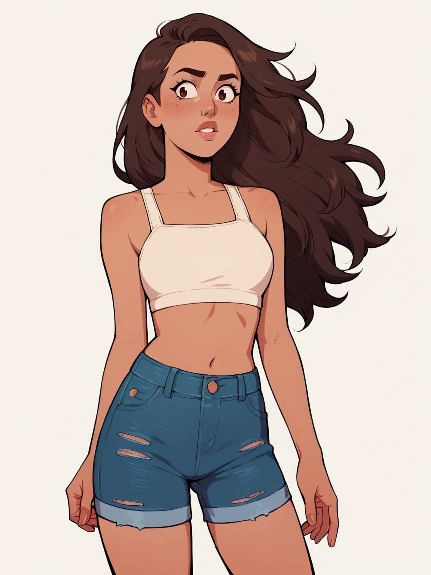 score_9, score_8_up, score_7_up, score_6_up, score_5_up,  <lora:st3v3nXLP:1> st3v3n, 1girl, long hair, brown hair, midriff, denim shorts,  tan skin