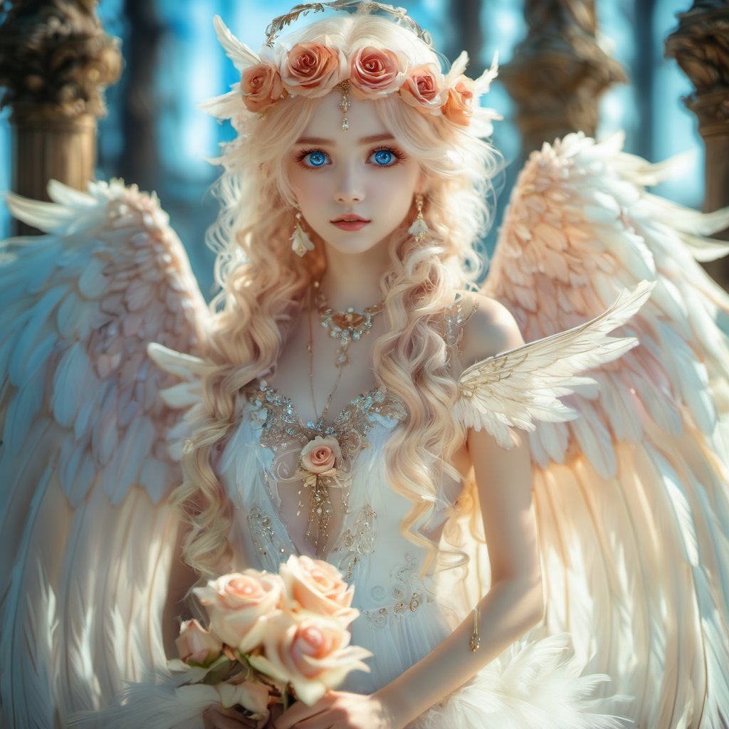 white wings, 1girl, solo, wings, long hair, flower, jewelry, dress, hair flower, angel, necklace, hair ornament, blue eyes, feathered wings, angel wings, blonde hair, rose,<lora:xltk:0.7>,