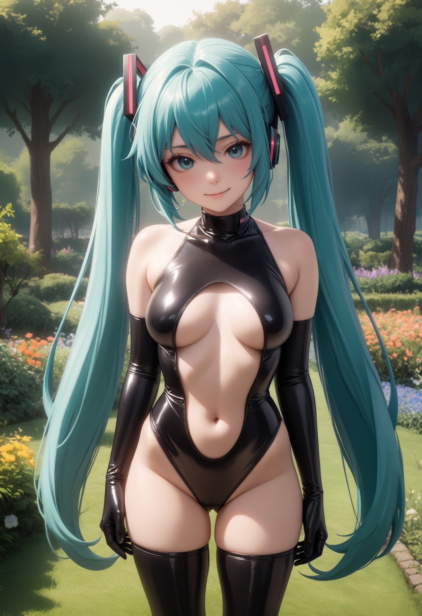 1girl, hatsune miku, black latex princess, thighhighs, elbow gloves, breasts apart, medium breasts, standing, cowboy shot, garden, grass, tree, masterpiece, best quality, very aesthetic, absurdres <lora:latex-princess-ot6-ani-1300:0.8>