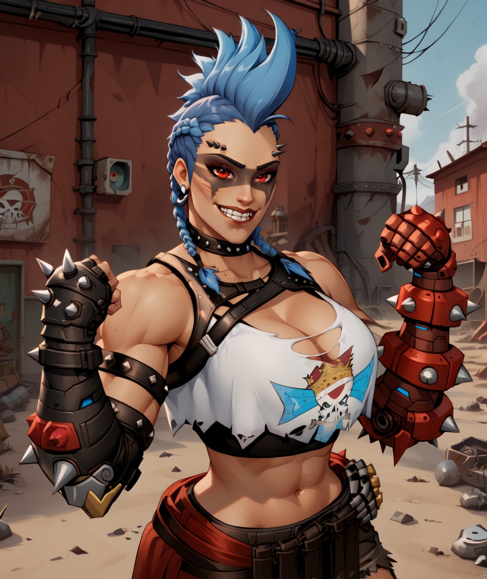 junkerqxl,blue hair,braids,mohawk,red eyes,piercing,face paint,makeup,shirt,midriff,collar,armor,collarbone,gauntlets,bare shoulders,single pauldron,standing,cleavage,looking at viewer,evil smile,teeth,flexing,outdoors,wasteland,<lora:JunkerQueenOW2:1>,