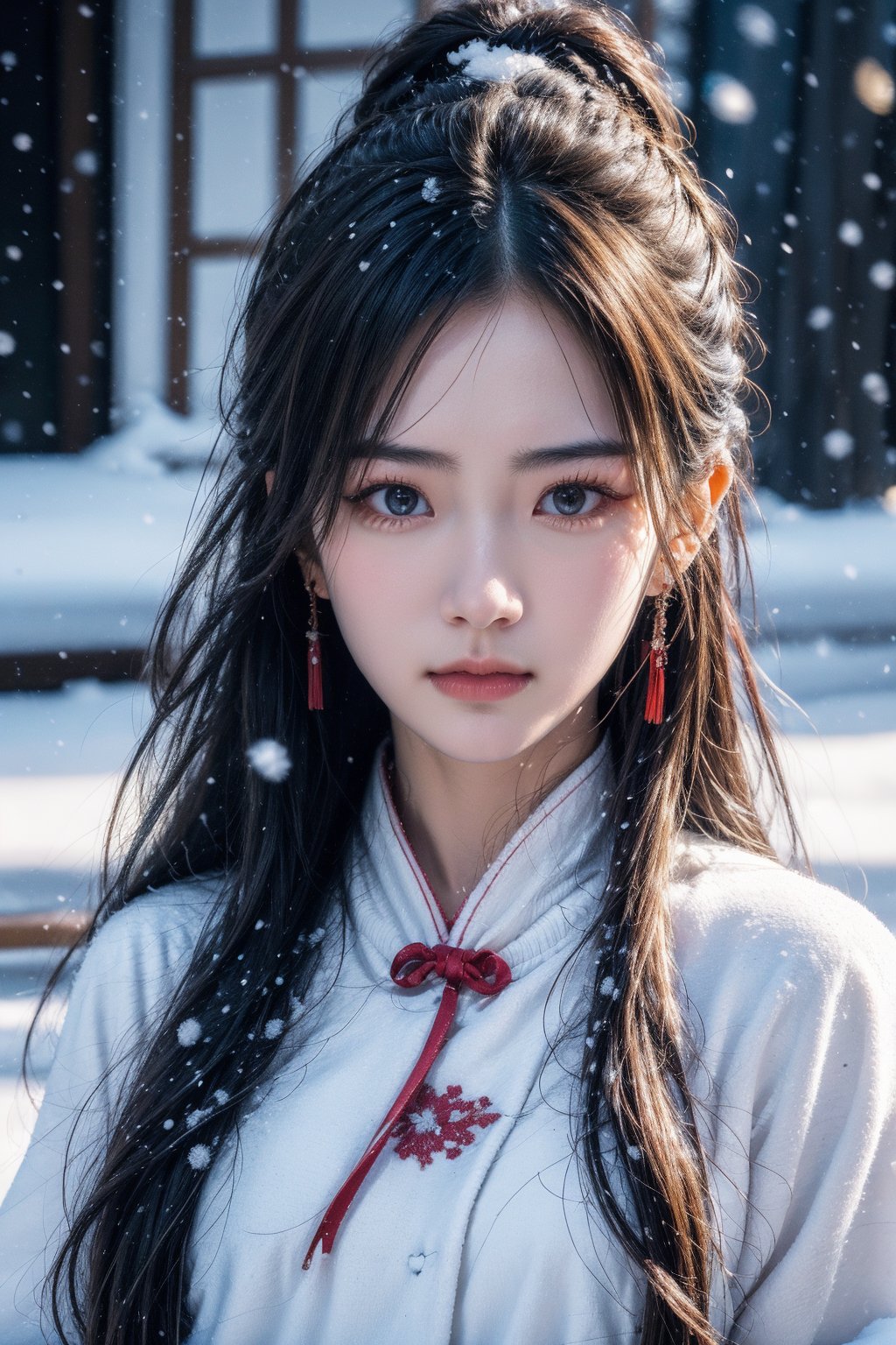 gufeng,1girl,long hair,solo,jewelry,earrings,upper body,snowing,closed mouth,lips,snow,facing viewer,ribbon,clothes,