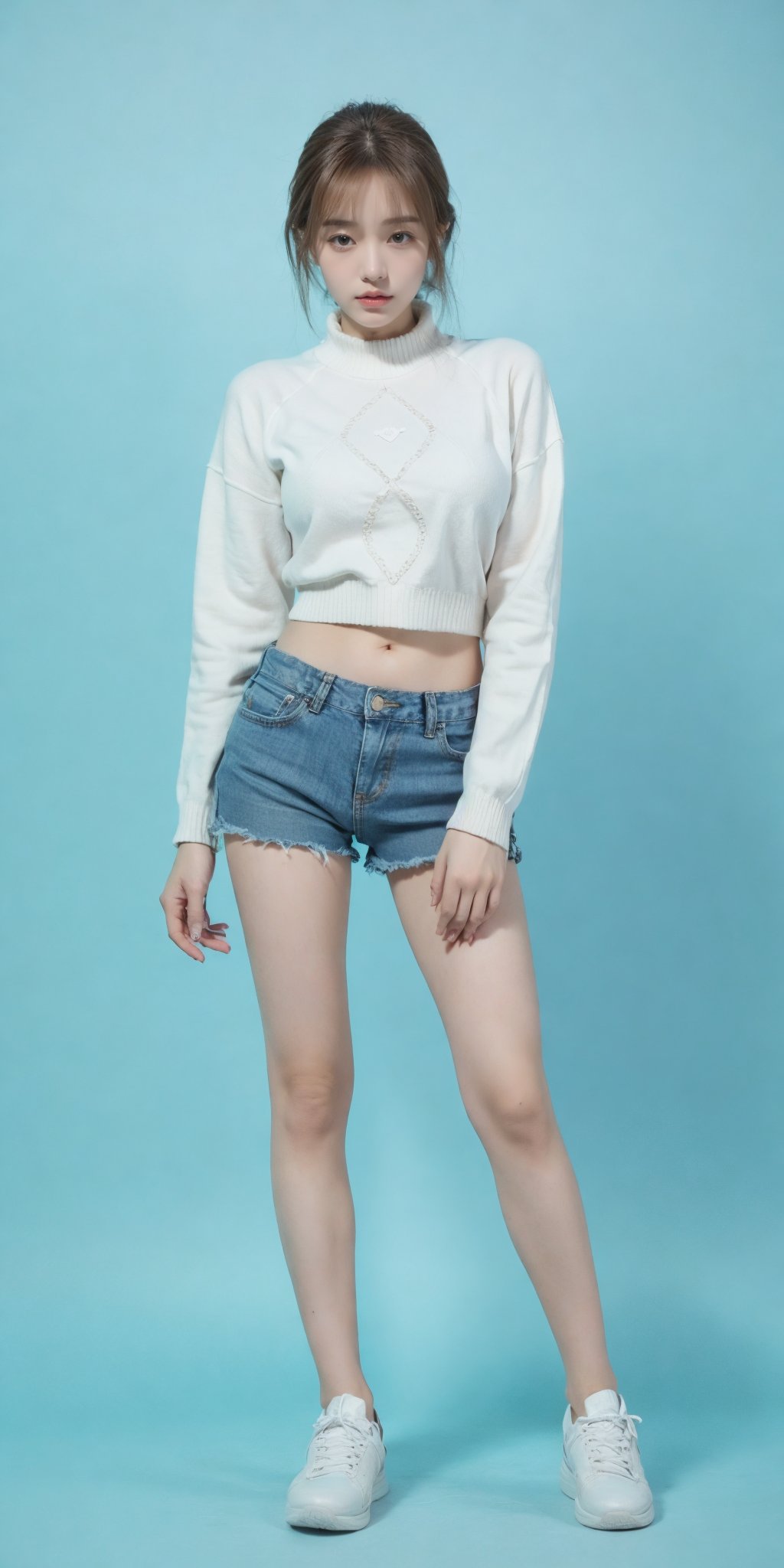 1girl,(standing:1.3),(denim_shorts:1.2),(blue background:1.3),(white sweater:1.2),white sneaker,