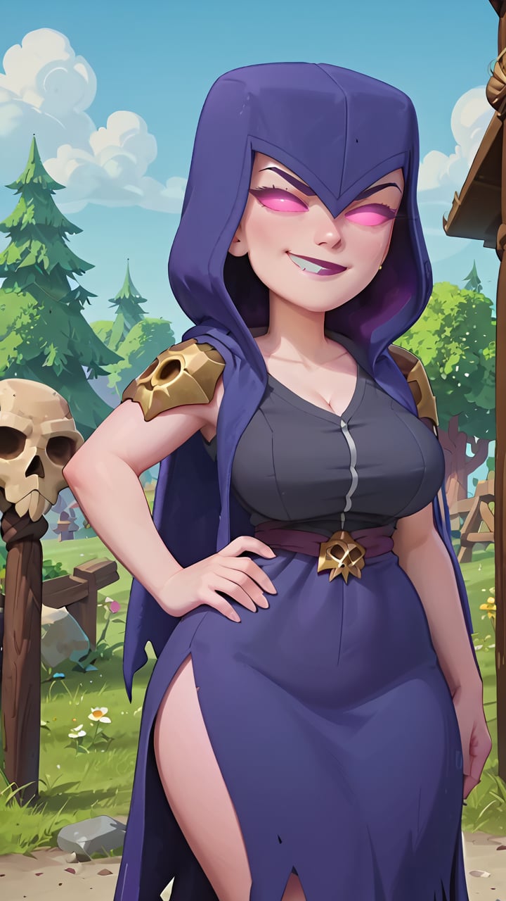 score_9, score_8_up, score_7_up, anime screencap, witch_coc, hood, no pupils, large breasts, wide hips, hand on hip, smirk, looking_at_viewer<lora:EMS-463729-EMS:1.000000>