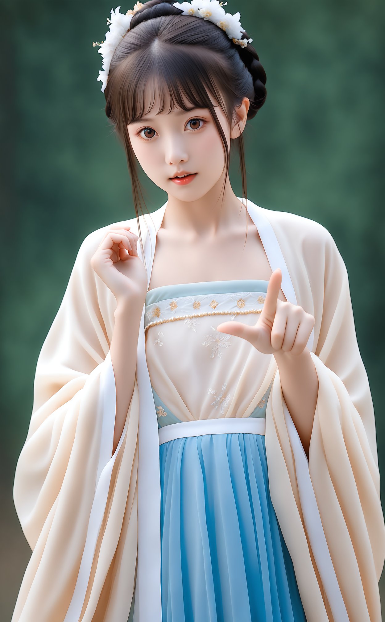 masterpiece,best quality,high quality,1girl,hanfu,pointing at viewer,realistic,