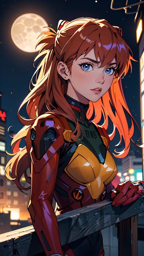 (best quality, masterpiece, colorful, dynamic angle, highest detailed)(Asuka Langley), upper body photo, fashion photography of cute red long hair girl (Asuka Langley), dressing high detailed Evangelion red suit (high resolution textures), in dynamic pose, bokeh, (intricate details, hyperdetailed:1.15), detailed, moonlight passing through hair, perfect night, (fantasy background), (official art, extreme detailed, highest detailed), HDR+