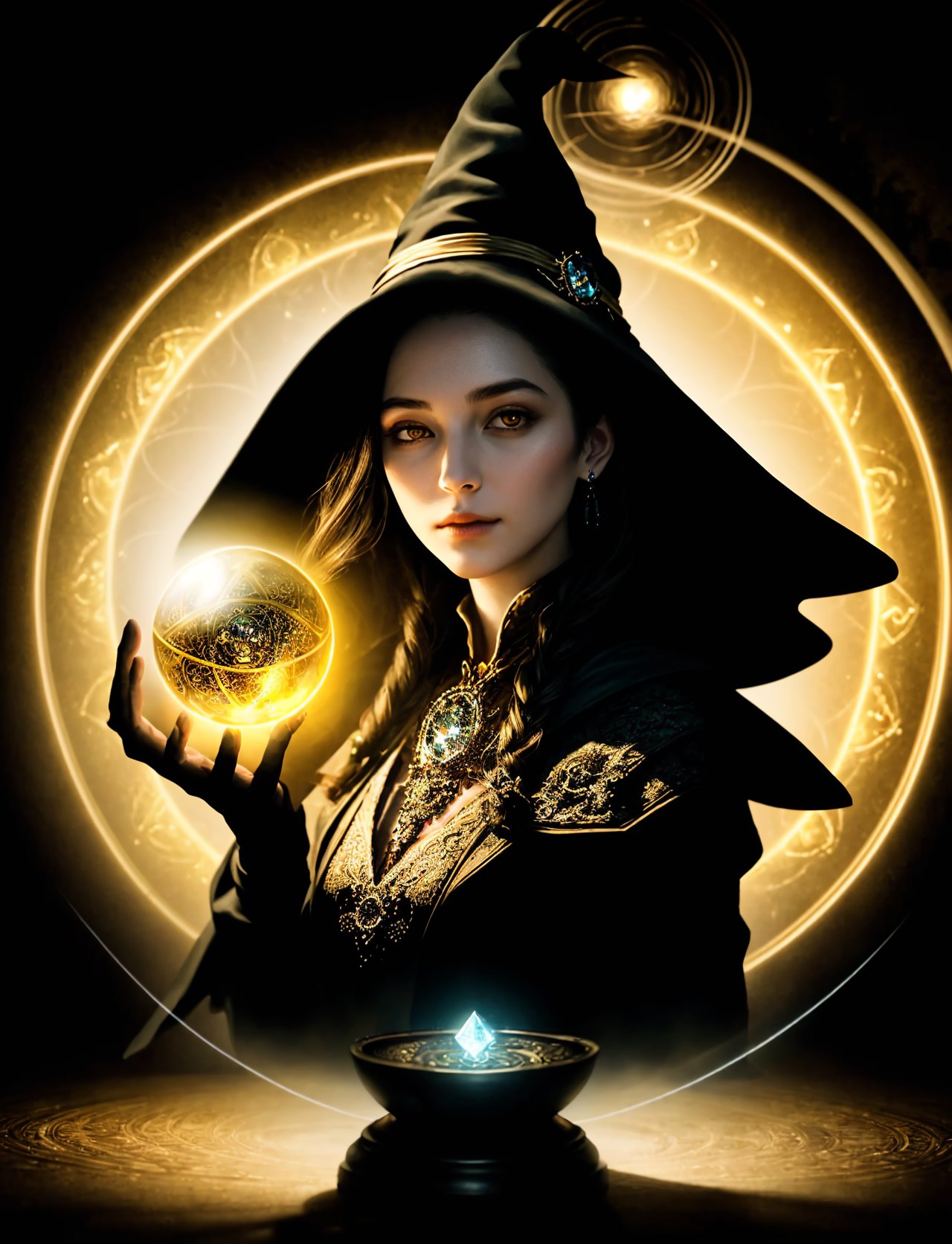 hyper detailed masterpiece, dynamic realistic digital art, awesome quality, person, female witch, shadow manipulation (creating and controlling shadows)  Charming sorcery shaped like Orb of nickel yellow pneumatic crystal and divination magic, DonMM4g1c  <lora:DonMM4g1c-v1.2rb2:0.8>