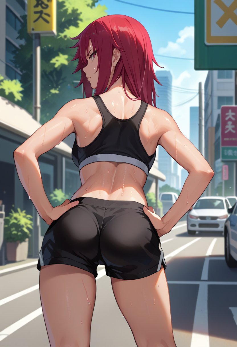 score_9, score_8_up, score_7_up, source_anime, from behind, solo, 1girl, karinuzumaki, sweat, expressionless, looking back, hands on own hips, black sports bra, black shorts, ass, outdoors, city street <lora:naruto_karinuzumaki_ponyXL:1>