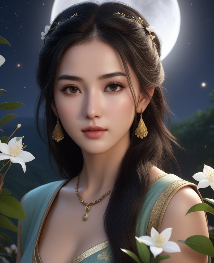 (,1girl, ,best quality, )masterpiece, fantasy, realistic,science fiction,mole, ultra realistic 8k cg, ,tamari \(flawless\),   ,crescent moon, jasmine \(flower\),     (()), (()),