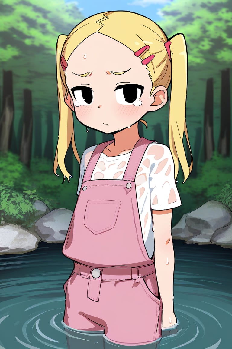 score_9, score_8_up, score_7_up, rating_safe BREAK1girl, (:t), tearing up, black eyes, blonde hair, twintails, hairclip, forehead, flat chest, white t-shirt, pink overalls, forest, river, partially submerged, (wet, wet clothes, wet shirt, dripping)