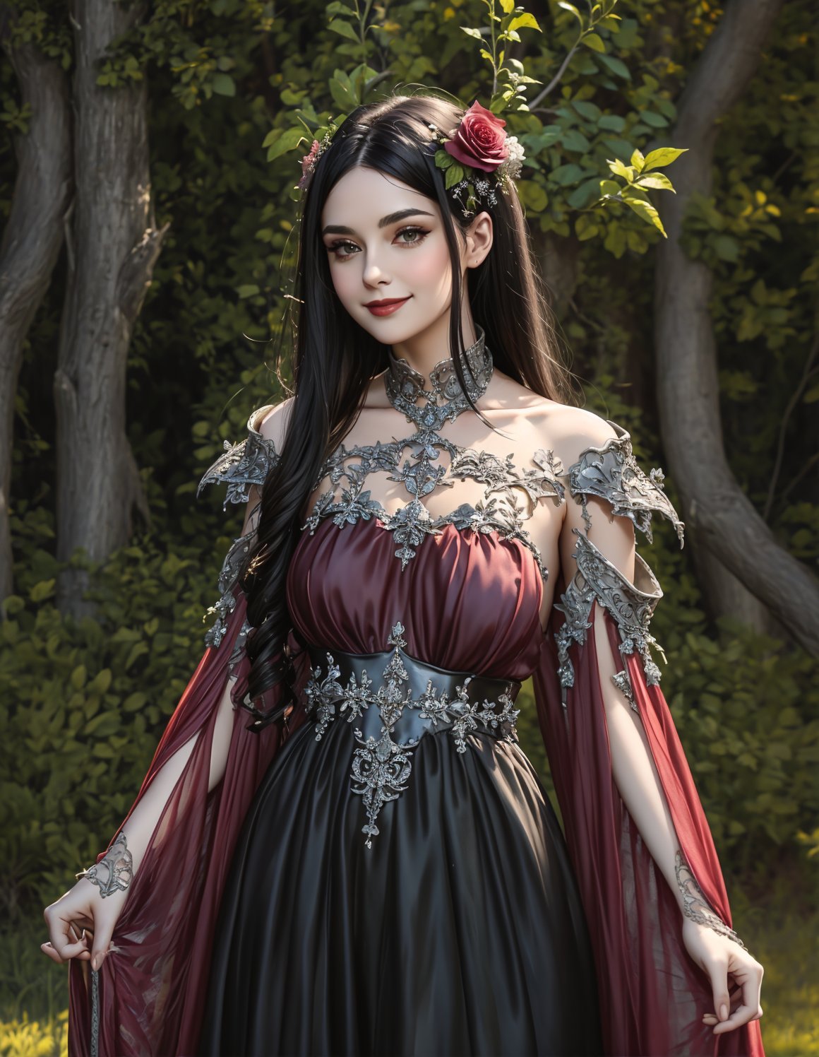 (portrait photo:1.3), adult woman, standing, wearing HUD_spr_armr, hair flower, long (chiffon dress), long sleeves, jewelry, intricate engraved metal neckpiece, shoulder piece, jeweled belt, breastplate, laser cut sleeves, <lora:HUD_spr_armr-07:0.7>, (long black hair:1.1), 4k, setting with trees and a lake, smile in a gothic getup. Dark, leather, lace, Victorian influence