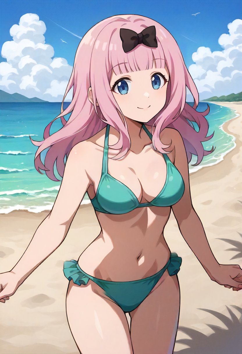 score_9, score_6_up, source_anime, 1girl, solo, standing, beach, island, chika, blue eyes, pink hair, hair bow, aqua bikini, frilled bikini, smile, medium breasts, black bow <lora:love_is_war_sdxl_pony:0.8>