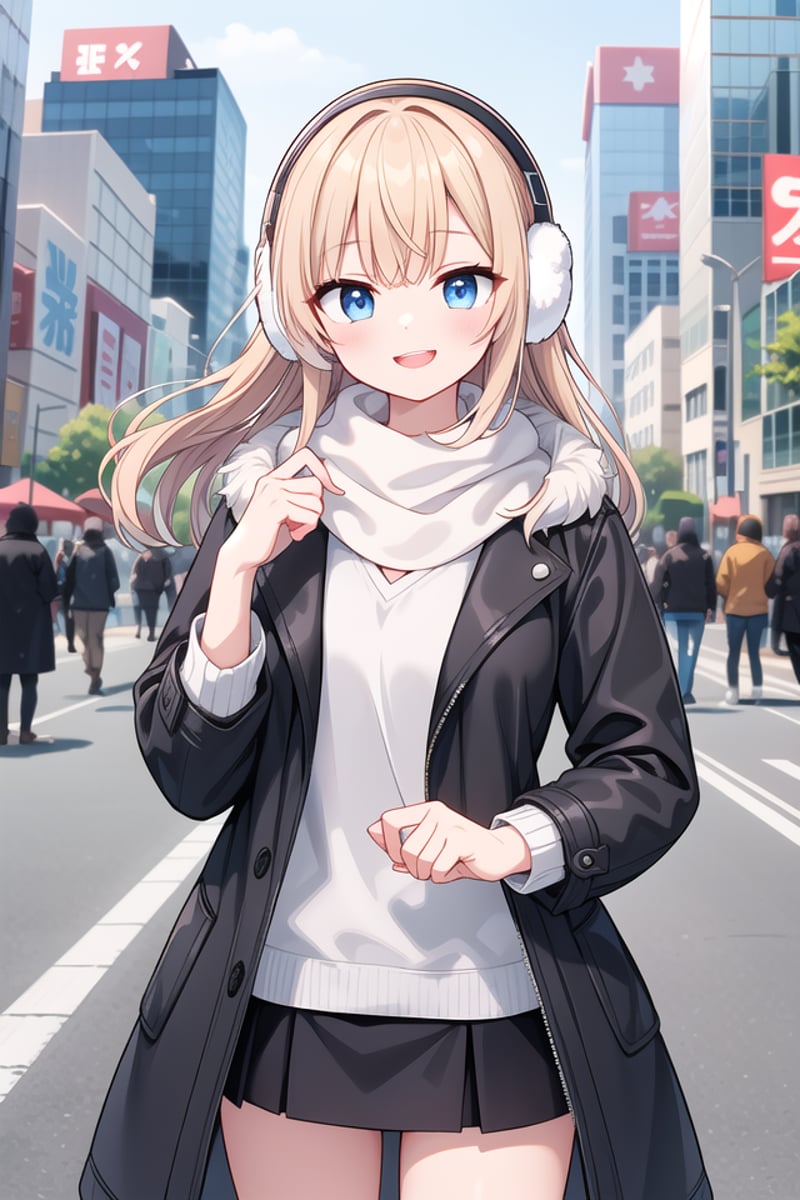 <lora:talkmouth_E_type1_v200:1>insanely detailed, absurdres, ultra-highres, ultra-detailed, best quality,1girl, solo, nice hands, perfect handsBREAK(wearing a black coat over a white tank top:1.3), (open coat:1.3), (tight leather black mini skirt:1.3), (floating scarf:1.2), (Nordic patterned winter scarf:1.3), ((Covers both ears with fluffy white fur, fluffy Earmuff):1.3), (heeled boots:1.2),    (See-through:-1), (white coat:-1), (black tank top:-1), (tank:-1), (navel:-1)BREAK(nsfw:-1.5)BREAKsmile, open mouthBREAK(45 angle:-1.5), (from side:-1.5),standing, cowboy shot, looking at viewerBREAKslender, kawaii, perfect symmetrical face, ultra cute girl, ultra cute face, ultra detailed eyes, ultra detailed hair, ultra cute, ultra beautifulBREAKin street, cityscape in akihabara, depth of field, ultra detailed backgroundBREAKmedium large breastsBREAKblonde hair, blue eyes, crochet braids, 