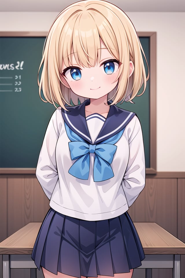 insanely detailed, absurdres, ultra-highres, ultra-detailed, best quality,1girl, solo, nice hands, perfect handsBREAKsailor school uniform with blue ribbon, blue pleated skirtBREAKhappy smile, laugh, closed mouthBREAK(45 angle:-1.5), (from side:-1.5), arms behind back, standing, cowboy shot, looking at viewerBREAKslender, kawaii, perfect symmetrical face, ultra cute girl, ultra cute face, ultra detailed eyes, ultra detailed hair, ultra cute, ultra beautifulBREAKin classroom, chalkboard, depth of field, ultra detailed backgroundBREAKmedium breasts, (cleavage:-1.3)BREAKblonde hair, blue eyes, cornrows