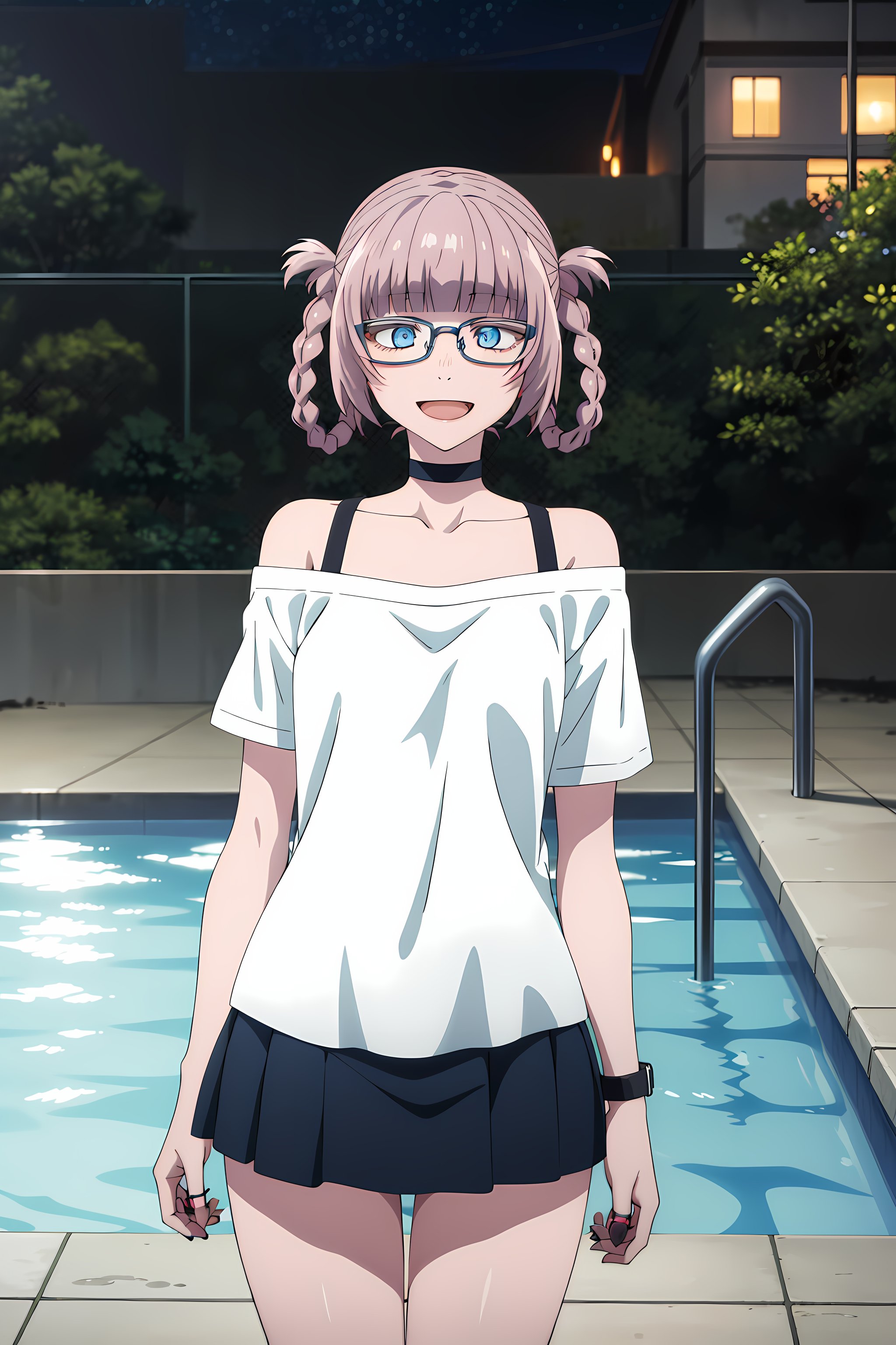 best quality, masterpiece, detailed,<lora:YofukashiNoUta_NanakusaNazuna:0.9>, NanakusaNazuna,1girl, open mouth, smile,pink hair, short hair, blunt bangs, braid, hair rings, blue eyes, glasses,NanakusaBikini, choker, off shoulder, white shirt, short sleeves, miniskirt,looking at viewer, thigh gap,outdoors, night, pool