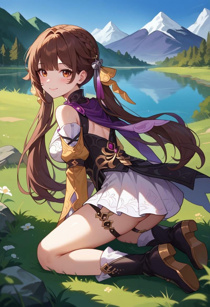 score_9, score_8_up, score_7_up, source_anime, 1girl, sushangdef, brown eyes, brown hair, long hair, twintails, braid, hair ornament, bare shoulders, long sleeves, shoulder cutout, clothing cutout, cleavage cutout, white dress, chinese clothes, purple scarf, thigh strap, black footwear, boots, wariza, kneeling, closed mouth, smile, blush, looking at viewer, outdoors, grass, nature, lake, mountain in the background, sun, from behind, back, looking back, <lora:Sushang_v1-000010:1>