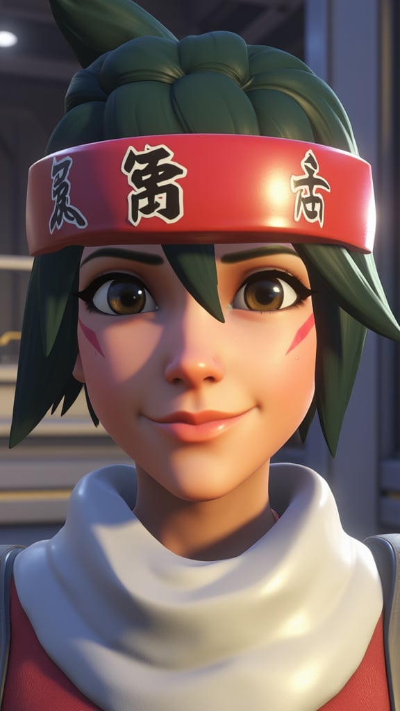 Kiriko a young girl character in the Overwatch video game is depicted in a portrait. She has short dark green hair styled in a pixie cut with bangs. Her skin tone is light and her eyes are large and almond-shaped with dark brown irises. She wears a red headband with white and black Japanese kanji characters on it covering her forehead and part of her ears. Her facial expression is neutral with a slight hint of a smile. Her lips are full and pink and she has a small mole on her right cheek. She is wearing a white scarf around her neck. The background is blurred but it appears to be a dimly lit room with metallic surfaces suggesting an industrial or futuristic setting. The lighting is soft and diffused casting subtle highlights and shadows on her face enhancing the texture of her skin and the smoothness of her headband. The overall style of the image is highly detailed and realistic typical of modern video game character art, <lora:kiriko-overwatch-2-v3:1>