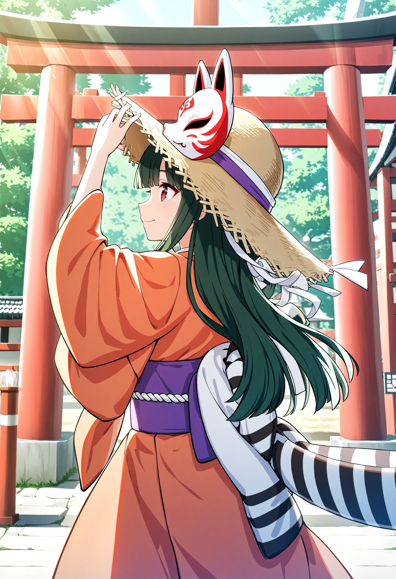 1girl,    rope, shimenawa, fox mask, haniwa \(statue\), sidelighting, from side, closed mouth, purple sash, looking to the side, hand on headwear, hair ribbon, onigawara visible through hat, alternate eye color, torii, sash, white ribbon, red eyes, smile, sideways mouth, orange kimono, unworn mask, japanese clothes, alternate costume, tress ribbon, long hair, long sleeves, dark green hair, upper body, straw hat, mask, shrine, solo, hands up, ribbon, kimono, noh mask, hat, standing, masterpiece, best quality, absurdres, safe