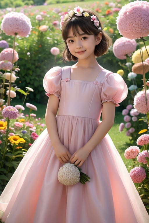 xiaolongmao,1girl,solo,looking at viewer,smile,short hair,brown hair,dress,holding,standing,flower,short sleeves,outdoors,sky,day,puffy sleeves,puffy short sleeves,pink dress,realistic,holding flower,field, <lora:xiaolongmao:0.6>,masterpiece,high quality