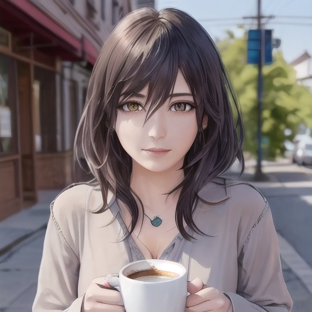 (best quality,  masterpiece,  ultra detailed), amiya(arknights), 1girl,8k wallpaper,extremely detailed figure, amazing beauty, detailed characters, {detailed background},aestheticism, sitting, winter, coffee shop, corner, coat, scarf, large breasts, gray hair, red eyes, emotionless, obedient, obedient, thick eyebrows, small nose, full lips, long eyelashes, delicate neck, slender shoulders, bare arms, delicate hands, long fingers, pointed nails, high cheekbones, oval face, smooth skin, rosy cheeks, cup of coffee, saucer, steam, warm, cozy, comfortable, relaxed, calm, quiet, peaceful, serene, contemplative, close-up, best quality, amazing quality, very aesthetic, absurdres