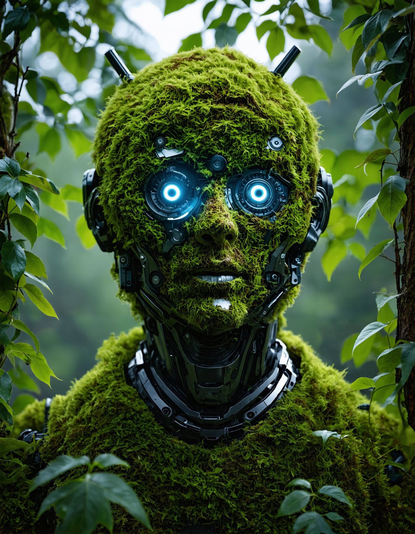 (ultra high detail, photorealistic, 8K, high-resolution, masterpiece), intricate biomechanical android head covered in green foliage and moss, glowing blue eyes, robotic face with detailed mechanical components, blending seamlessly with natural elements, surrounded by dense green leaves and branches, soft diffused lighting, futuristic yet natural atmosphere, cybernetic being in harmony with nature, high-definition textures, lush greenery, and intricate mechanical design