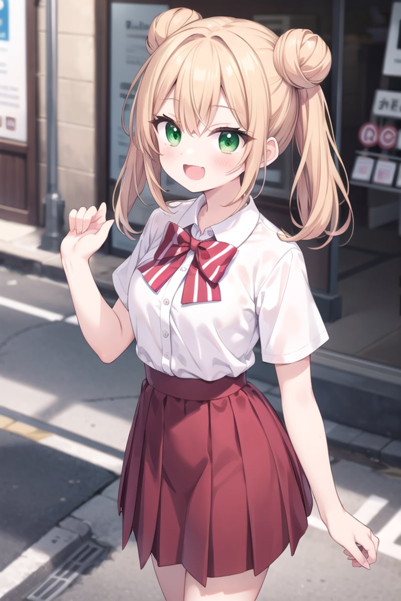 <lora:talkmouth_A_type2_v100:1>insanely detailed, absurdres, ultra-highres, ultra-detailed, best quality,1girl, solo, nice hands, perfect handsBREAKsummer school uniform, (plain dark red skirt with many pleats:1.4), (striped red bowtie:1.3), short sleeves, white shirt, shirt with white button, shirt_tucked_in    BREAK    (breast pocket, vest, blazor, long sleeves, checked skirt, striped skirt, striped shirt, striped sleeves, bra visible through clothes, skirt with frill:-1)BREAK(nsfw:-1.5)BREAKsmile, open mouthBREAKfrom above,standing, cowboy shot, looking at viewerBREAKslender, kawaii, perfect symmetrical face, ultra cute girl, ultra cute face, ultra detailed eyes, ultra detailed hair, ultra cute, ultra beautifulBREAKin street, cityscape in tokyo, depth of field, ultra detailed backgroundBREAKmedium breastsBREAKorange hair, green eyes, ballerina bun, 