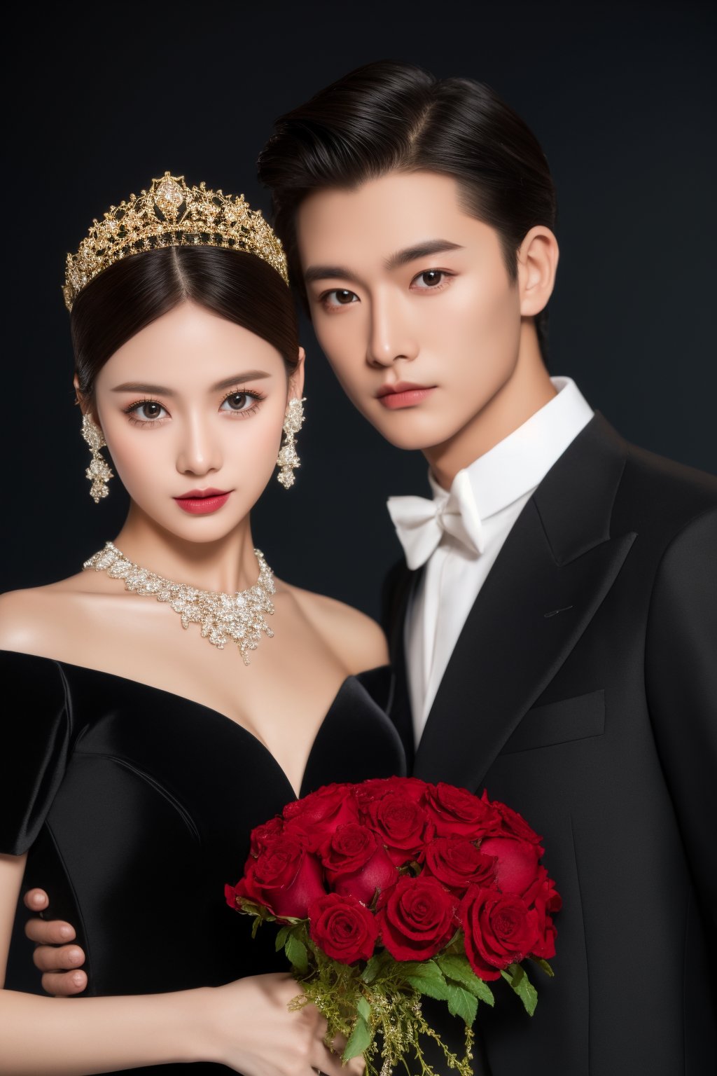 couple, portrait, formal attire, woman in black dress, man in black suit, black background, studio lighting, elegance, sophistication, tiara, necklace, bouquet, roses, pose, Asian ethnicity, side-by-side, looking at camera, serene expression, makeup, clear skin, young adults, fashion, beauty, styled hair, romance, partnership, unity, engagement photo., masterpiece,best quality,ultra-detailed,