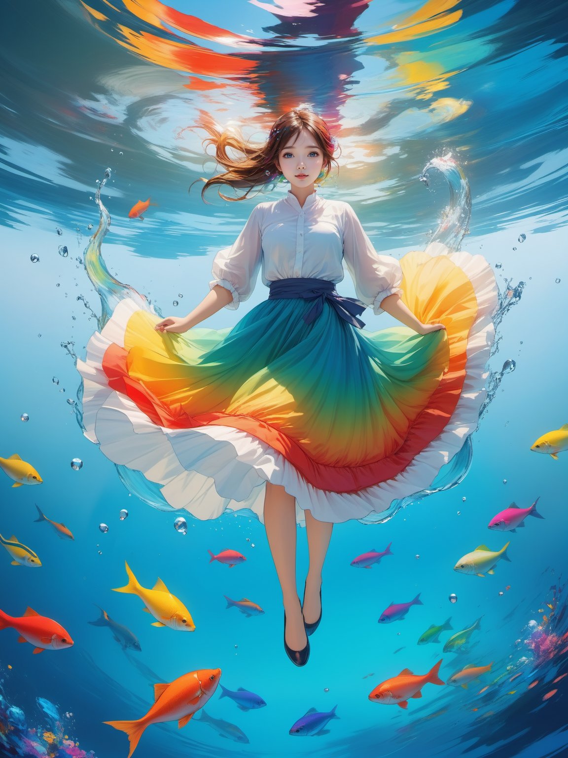 (flat color:1.1),(colorful:1.3),(masterpiece:1.2), best quality, masterpiece, original, extremely detailed wallpaper, looking at viewer,1girl,solo,floating colorful water,