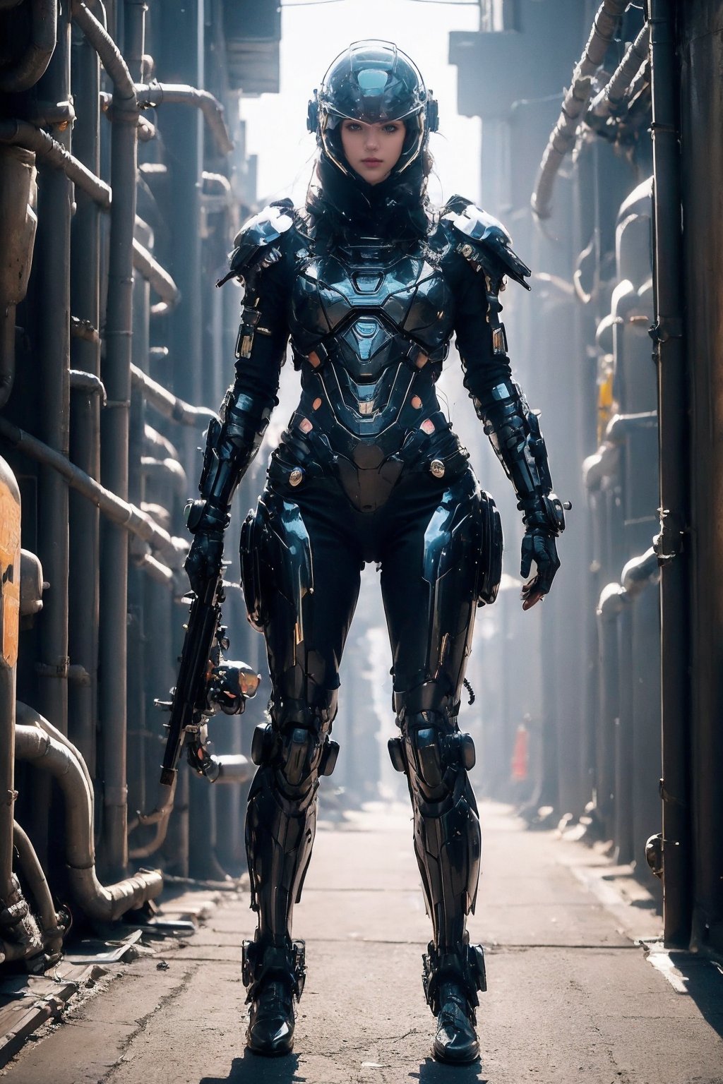 photorealistic,1girl,cyberpunk armor,helmet,(detailed face:1.2),full body,realistic, science fiction, helmet, cable, cyberpunk, lips, screen, 