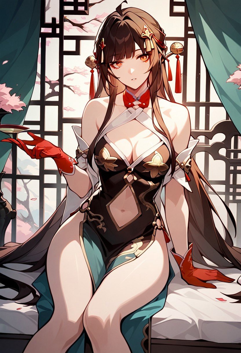 score_9,score_8_up,score_7_up,source_anime, Lingsha,1girl,solo,breasts,hair ornament,gloves,dress,cleavage,bare shoulders,sitting,medium breasts,parted lips,detached sleeves,:o,clothing cutout,arm support,chinese clothesround,china dress,red gloves,