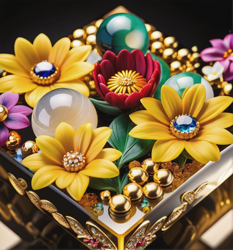 flowers, Bling, gold, HD, Photo, in Marbles, Puzzle,  table,Highly Detailed,