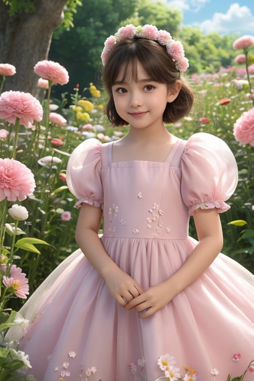 xiaolongmao,1girl,solo,looking at viewer,smile,short hair,brown hair,dress,holding,standing,flower,short sleeves,outdoors,sky,day,puffy sleeves,puffy short sleeves,pink dress,realistic,holding flower,field, <lora:xiaolongmao:0.6>,masterpiece,high quality,cinematic quality