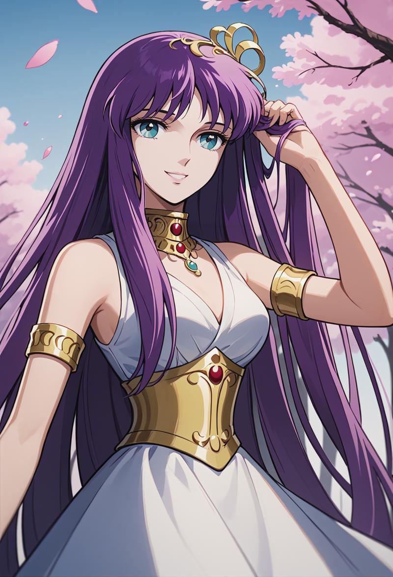 score_9, score_8_up, score_7_up, best quality, intricate details, source anime BREAK masterpiece,<lora:SaoriKido_Pony_v08:1> athenakido, purple hair, aqua eyes,  sleeveless dress, athena_accessories, armlet,smile, headshot,hand in own hair, serene courtyard with cherry blossom trees in bloom, 