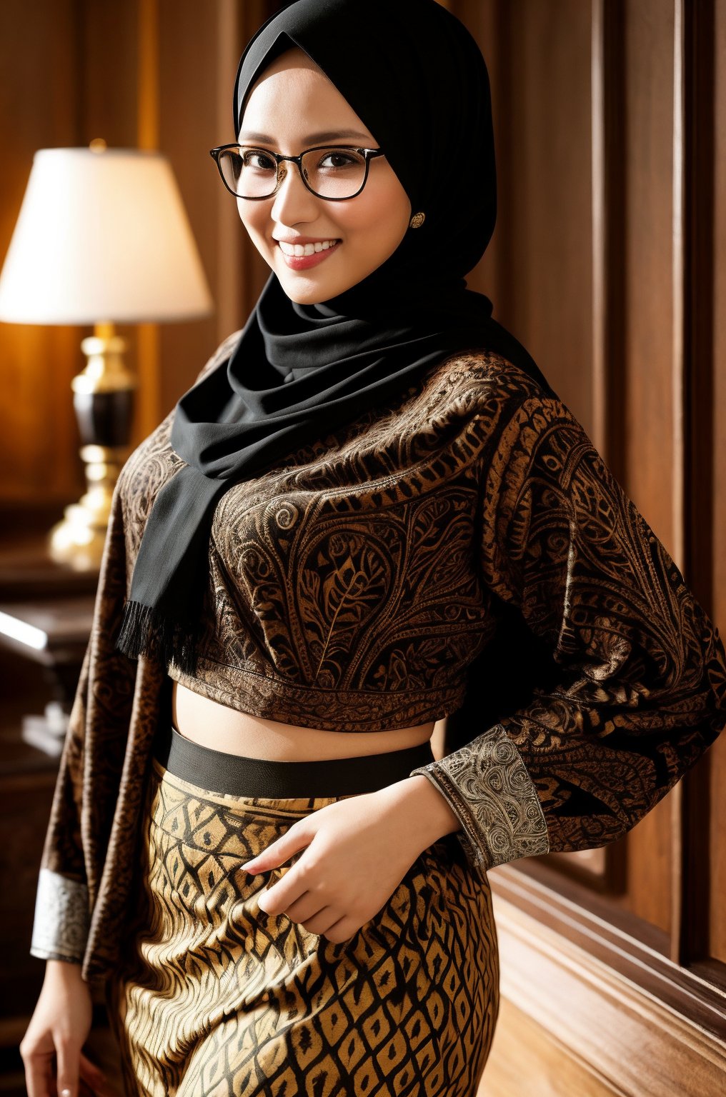 1girl, javabatik, brown and black batik, pattern batik, super realistic 3/4 shot, passionate pose, professional photography portrait of a 30 year old hijab woman in the luxury room, very realistic skin, cinematic lighting, very original batik fabric details, glasses, holding a waist, super thin and transparent leggings, long sleeve striped t-shirt, (big hips: 1.2), smiling, looking at the camera, (masterpiece :1.0), (best quality: 1.0), beautiful, (intricate details), unity 8k wallpaper, very detailed and really brightens up the realistic room, <lora:javabatik_1:0,8>