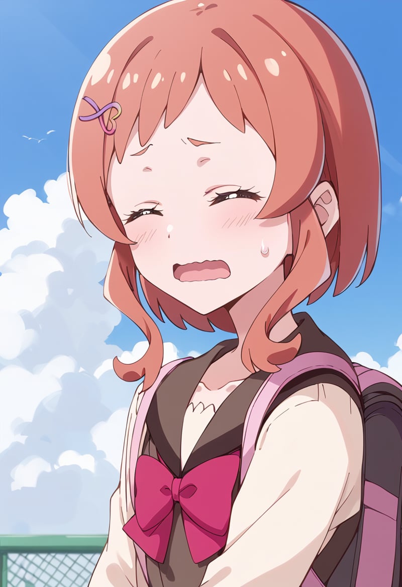 score_9, score_8_up, score_7_up, source_anime, BREAKinukai iroha, wan-nyan-chu school uniform, 1girl, solo, open mouth, closed eyes, hairclip, cloud, short hair, sweat, day, bag, school uniform, blue sky, blush, upper body, outdoors, wavy mouth, collarbone, cloudy sky, backpack, pink hair, facing viewer, sidelocks, orange hair, brown hair, sweatdrop, red hair, long sleeves, heart hair ornament, hairpin, bangs, medium hair, blurry background, pink bow, red bow, vest, red neckwear, white shirt, serafuku, pink neckwear, d:, short hair with long locks, anime coloring, hot, furrowed brow, bright pupils, hair flower, embarrassed, tired, brown sailor collar, white pupils, ribbon, eyelashes, holding strap, purple bow, half-closed eyes, close-up, brown shirt, ^ ^, raised eyebrows, purple neckwear, black sailor collar, pink bowtie<lora:cure_friendy_inukai_iroha_sdxl_locon_pony_v1:0.7>